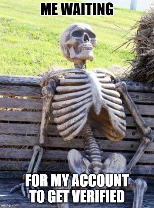 Waiting Skeleton Meme | ME WAITING; FOR MY ACCOUNT TO GET VERIFIED | image tagged in memes,waiting skeleton | made w/ Imgflip meme maker