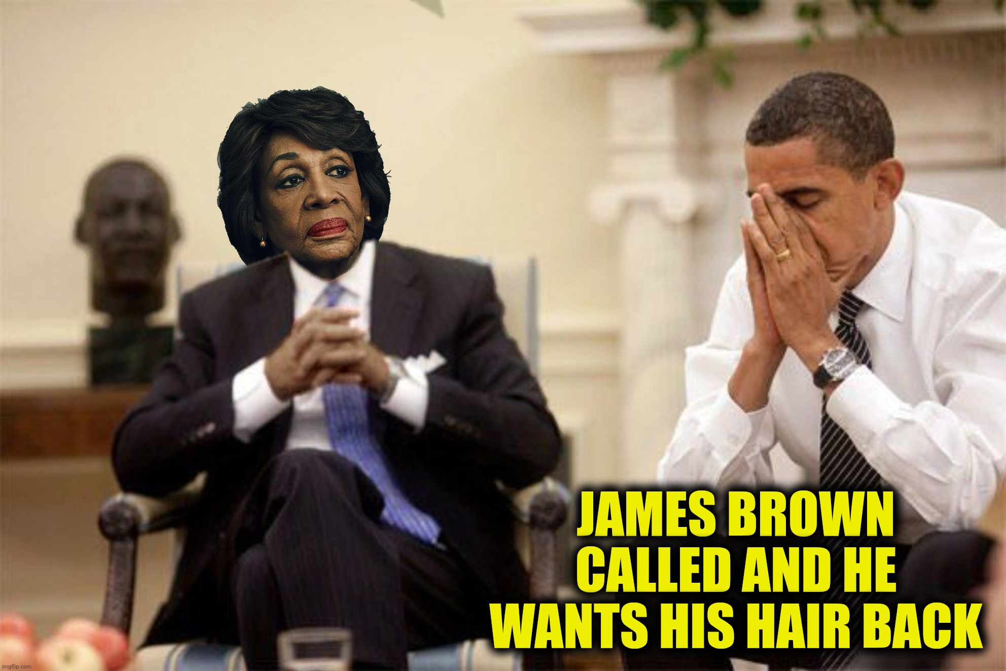 Bad Photoshop Sunday presents:  When the 80's call | JAMES BROWN CALLED AND HE WANTS HIS HAIR BACK | image tagged in bad photoshop sunday,joe biden,maxine waters,james brown,the '80's called | made w/ Imgflip meme maker