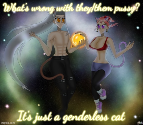 Sayori and Sephiroth | What’s wrong with they/them pussy? It’s just a genderless cat | image tagged in sayori and sephiroth | made w/ Imgflip meme maker