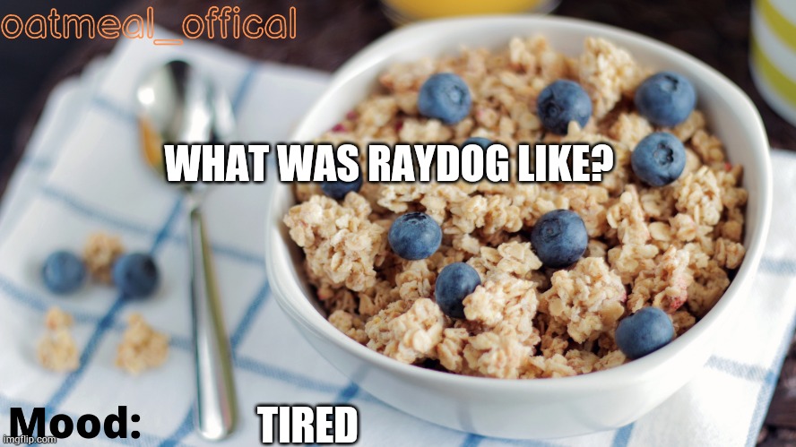 The Oat Temp | WHAT WAS RAYDOG LIKE? TIRED | image tagged in the oat temp | made w/ Imgflip meme maker