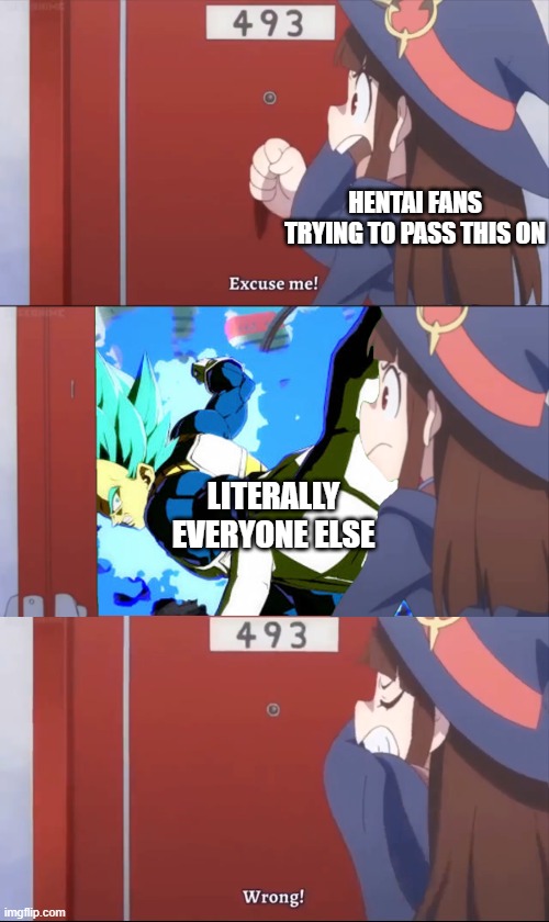 HENTAI FANS TRYING TO PASS THIS ON LITERALLY EVERYONE ELSE | image tagged in akko wrong door template,vegeta pepe punch | made w/ Imgflip meme maker