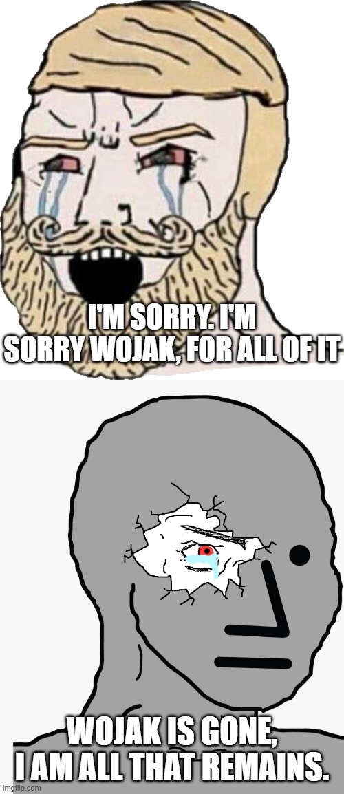 What have you become? | I'M SORRY. I'M SORRY WOJAK, FOR ALL OF IT; WOJAK IS GONE, I AM ALL THAT REMAINS. | image tagged in chad,wojak,npc | made w/ Imgflip meme maker