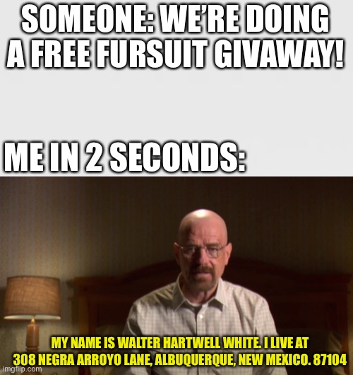COUNT ME IN! | SOMEONE: WE’RE DOING A FREE FURSUIT GIVAWAY! ME IN 2 SECONDS:; MY NAME IS WALTER HARTWELL WHITE. I LIVE AT 308 NEGRA ARROYO LANE, ALBUQUERQUE, NEW MEXICO. 87104 | image tagged in walter white address meme,fursuit,furry,furries,the furry fandom,giveaway | made w/ Imgflip meme maker