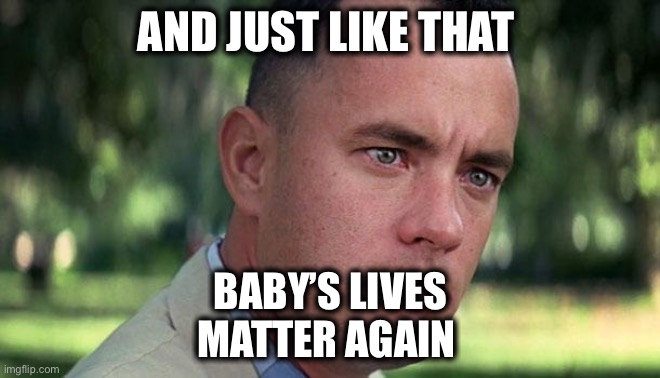 The new BLM | AND JUST LIKE THAT; BABY’S LIVES
MATTER AGAIN | image tagged in forest gump | made w/ Imgflip meme maker