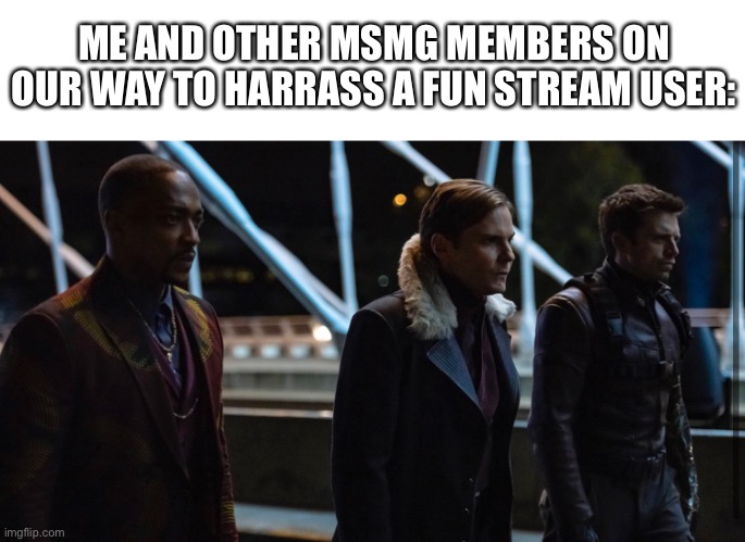 ME AND OTHER MSMG MEMBERS ON OUR WAY TO HARRASS A FUN STREAM USER: | made w/ Imgflip meme maker