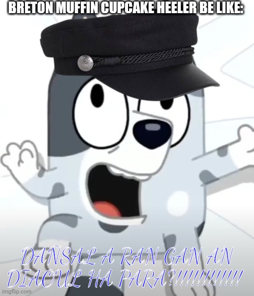 Muffin from Bluey does Fulenn by Alvan and Ahez |  BRETON MUFFIN CUPCAKE HEELER BE LIKE:; DAÑSAL A RAN GAN AN DIAOUL HA PARA?!!!!!!!!!!!! | image tagged in memes,bluey,fulenn,eurovision,french,brittany | made w/ Imgflip meme maker