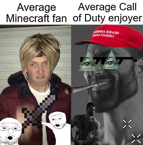 Average Fan vs Average Enjoyer | Average Call of Duty enjoyer; Average Minecraft fan | image tagged in average fan vs average enjoyer | made w/ Imgflip meme maker