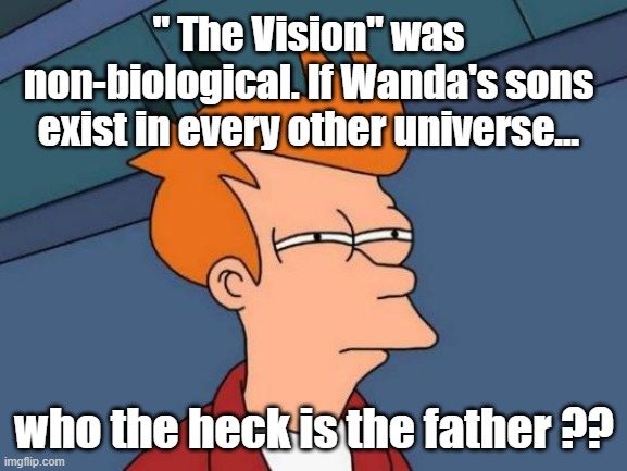 Vibranium is very versatile. But it just CAN'T be a substitute for genetic material. Not even in the comics. |  " The Vision" was non-biological. If Wanda's sons exist in every other universe... who the heck is the father ?? | image tagged in futurama fry,mcu,wandavision,dr strange | made w/ Imgflip meme maker