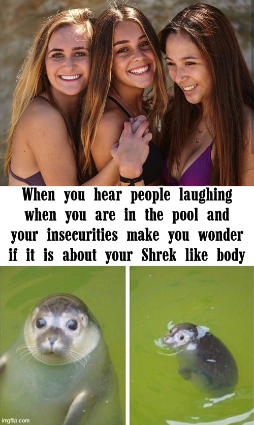 Always think they are laughing at you? | When you hear people laughing when you are in the pool and your insecurities make you wonder if it is about your Shrek like body | image tagged in swimming pool,shrek,insecurity,laughing | made w/ Imgflip meme maker