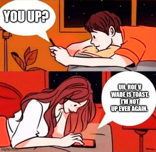 boy texts girl at night | YOU UP? UH, ROE V WADE IS TOAST. I'M NOT UP EVER AGAIN. | image tagged in boy texts girl at night | made w/ Imgflip meme maker