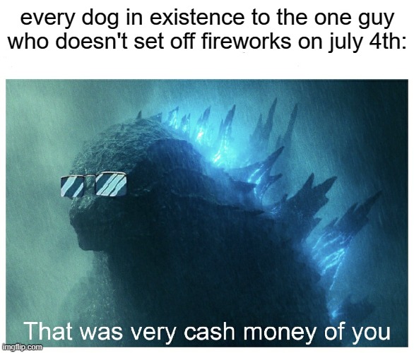 i hate fireworks too | every dog in existence to the one guy who doesn't set off fireworks on july 4th: | image tagged in godzilla cash money,dogs,fourth of july | made w/ Imgflip meme maker