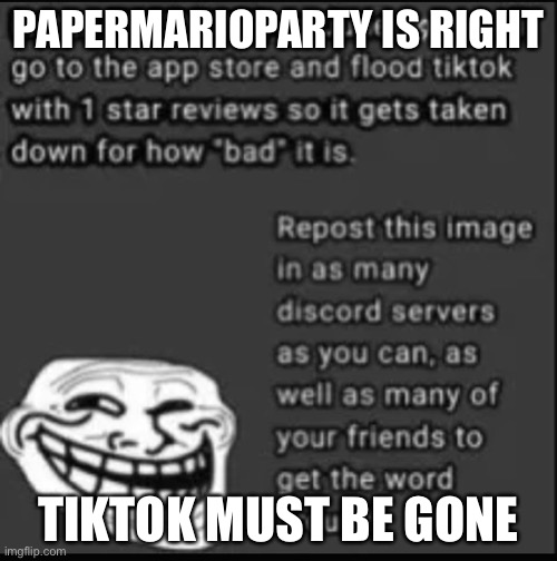 no more tiktok | PAPERMARIOPARTY IS RIGHT; TIKTOK MUST BE GONE | image tagged in june29th,floodtiktokwithonestarreviews | made w/ Imgflip meme maker