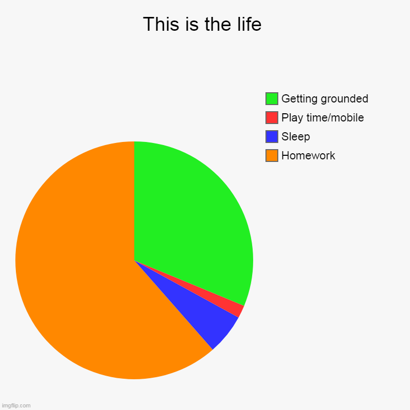 Life | This is the life | Homework, Sleep, Play time/mobile, Getting grounded | image tagged in charts,pie charts | made w/ Imgflip chart maker