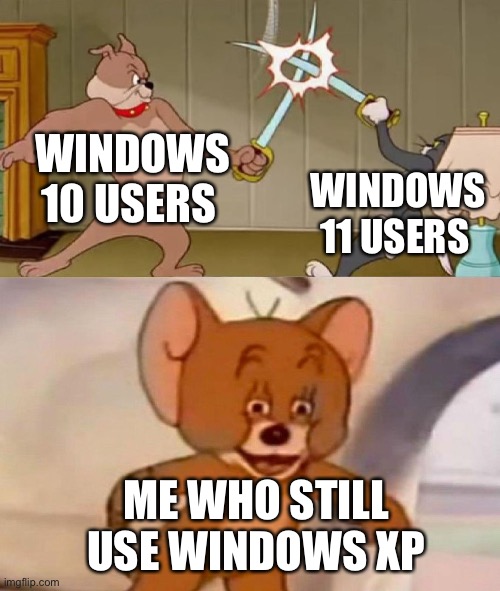 Tom and Jerry swordfight | WINDOWS 10 USERS; WINDOWS 11 USERS; ME WHO STILL USE WINDOWS XP | image tagged in tom and jerry swordfight | made w/ Imgflip meme maker