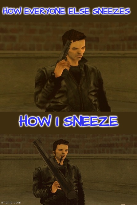 HOW EVERYONE ELSE SNEEZES; HOW I SNEEZE | image tagged in gta,grand theft auto | made w/ Imgflip meme maker