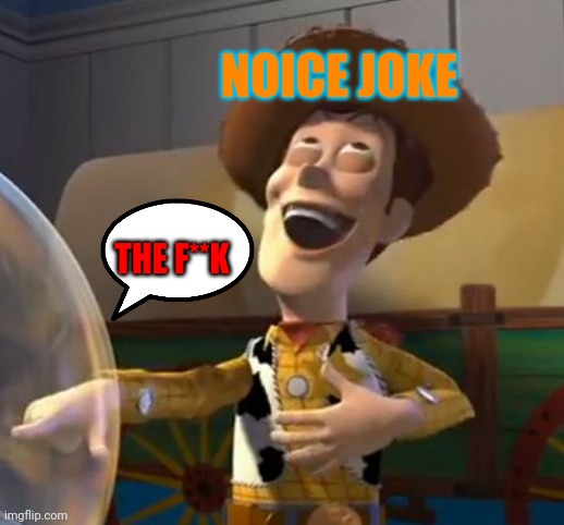 Woody Laugh | NOICE JOKE THE F**K | image tagged in woody laugh | made w/ Imgflip meme maker