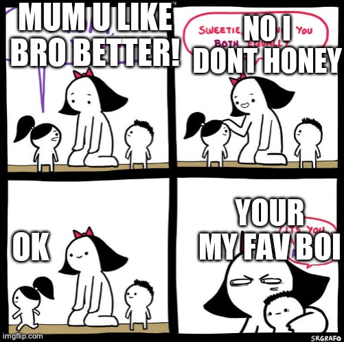 fav childs | MUM U LIKE BRO BETTER! NO I DONT HONEY; YOUR MY FAV BOI; OK | image tagged in mom who is your favorite | made w/ Imgflip meme maker