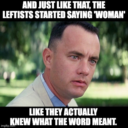 Woman | AND JUST LIKE THAT, THE LEFTISTS STARTED SAYING 'WOMAN'; LIKE THEY ACTUALLY KNEW WHAT THE WORD MEANT. | image tagged in memes,and just like that | made w/ Imgflip meme maker