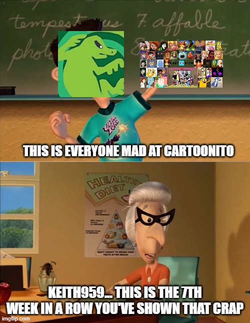 Ultra lord meme | THIS IS EVERYONE MAD AT CARTOONITO; KEITH959... THIS IS THE 7TH WEEK IN A ROW YOU'VE SHOWN THAT CRAP | image tagged in sheen | made w/ Imgflip meme maker