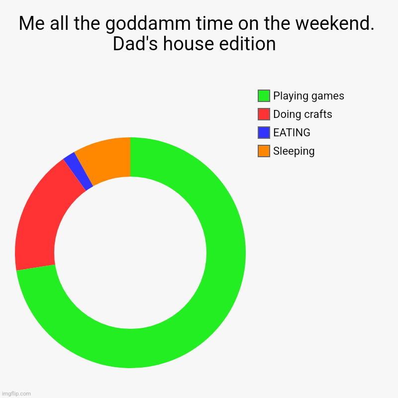 Me all the goddamm time on the weekend. Dad's house edition  | Sleeping, EATING, Doing crafts, Playing games | image tagged in charts,donut charts | made w/ Imgflip chart maker