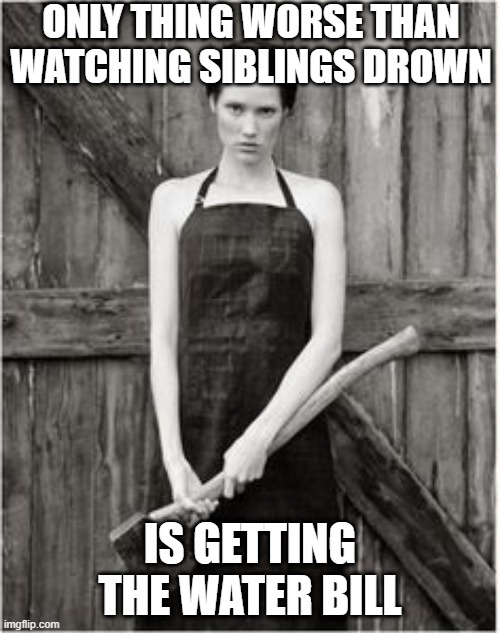 Not Cheap | ONLY THING WORSE THAN WATCHING SIBLINGS DROWN; IS GETTING THE WATER BILL | image tagged in crazy woman | made w/ Imgflip meme maker