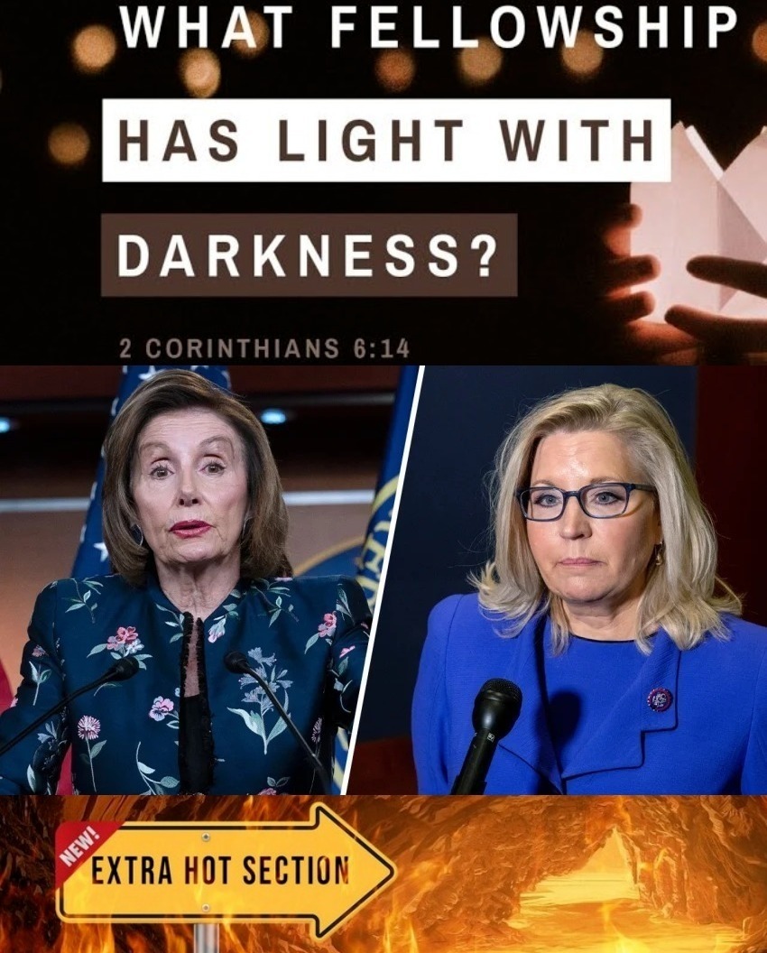 Pelosi & Cheney Judgement Day: Highway to HELL | image tagged in nancy pelosi,liz cheney,judgement day,what fellowship has light with darkness,highway to hell | made w/ Imgflip meme maker