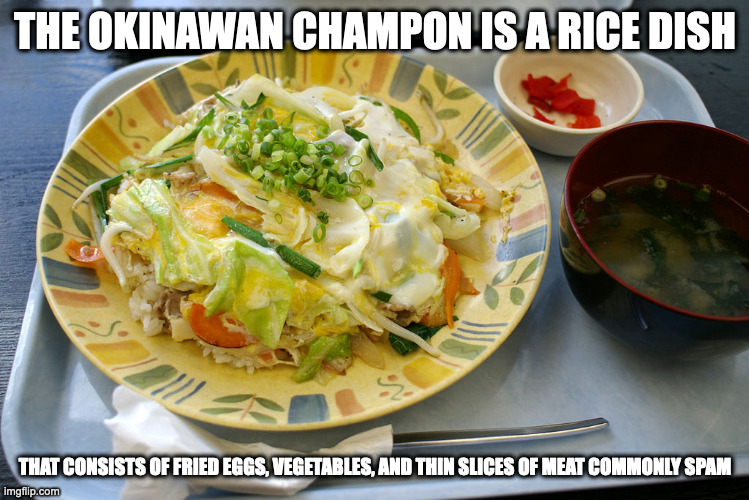 Okinawan Champon | THE OKINAWAN CHAMPON IS A RICE DISH; THAT CONSISTS OF FRIED EGGS, VEGETABLES, AND THIN SLICES OF MEAT COMMONLY SPAM | image tagged in food,memes,champon | made w/ Imgflip meme maker