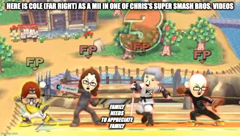 Chris-Chan Family as Miis | HERE IS COLE (FAR RIGHT) AS A MII IN ONE OF CHRIS'S SUPER SMASH BROS. VIDEOS; FAMILY NEEDS TO APPRECIATE FAMILY | image tagged in mii,super smash bros,chris-chan,memes,gaming | made w/ Imgflip meme maker