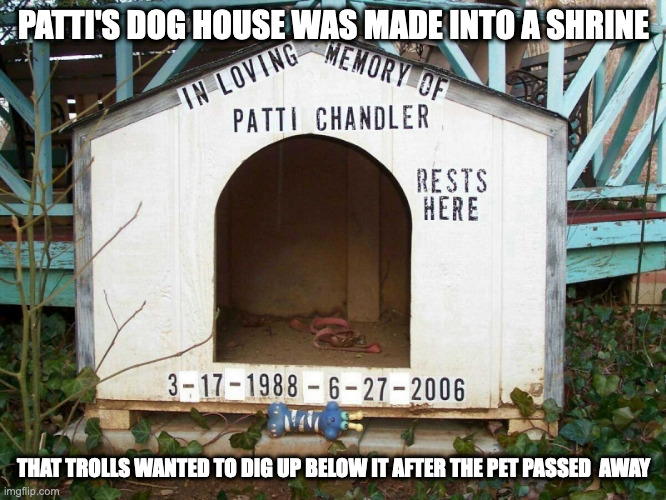 Patti's Dog House | PATTI'S DOG HOUSE WAS MADE INTO A SHRINE; THAT TROLLS WANTED TO DIG UP BELOW IT AFTER THE PET PASSED  AWAY | image tagged in dogs,memes,chris-chan | made w/ Imgflip meme maker