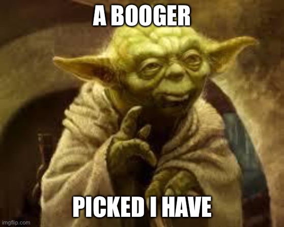 yoda |  A BOOGER; PICKED I HAVE | image tagged in yoda | made w/ Imgflip meme maker