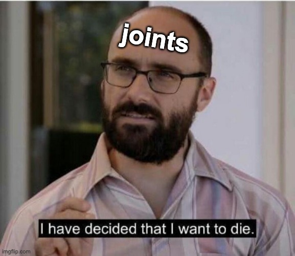 I have decided that I want to die | joints | image tagged in i have decided that i want to die | made w/ Imgflip meme maker