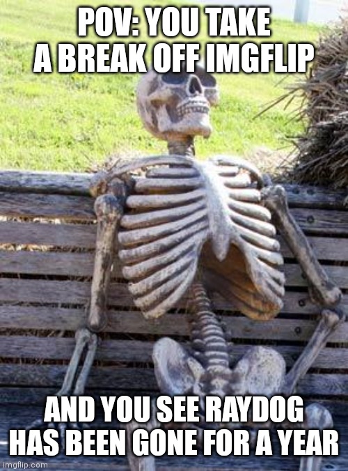 I miss him. I also miss y'all as well | POV: YOU TAKE A BREAK OFF IMGFLIP; AND YOU SEE RAYDOG HAS BEEN GONE FOR A YEAR | image tagged in memes,waiting skeleton,raydog,nostalgia,sad | made w/ Imgflip meme maker