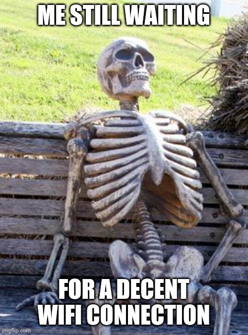 It's never going to happen | ME STILL WAITING; FOR A DECENT WIFI CONNECTION | image tagged in memes,waiting skeleton | made w/ Imgflip meme maker