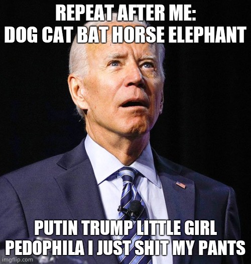 Biden finally takes a cognitive test | REPEAT AFTER ME: DOG CAT BAT HORSE ELEPHANT; PUTIN TRUMP LITTLE GIRL PEDOPHILA I JUST SHIT MY PANTS | image tagged in joe biden | made w/ Imgflip meme maker