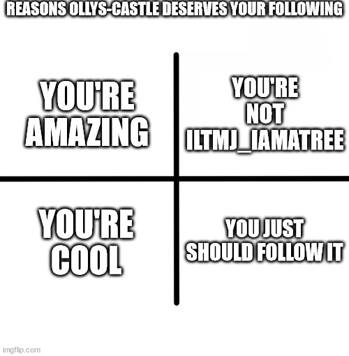Blank Starter Pack Meme | REASONS OLLYS-CASTLE DESERVES YOUR FOLLOWING; YOU'RE NOT ILTMJ_IAMATREE; YOU'RE AMAZING; YOU'RE COOL; YOU JUST SHOULD FOLLOW IT | image tagged in memes,blank starter pack | made w/ Imgflip meme maker