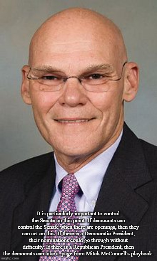 James Carville | It is particularly important to control the Senate on this point. If democrats can control the Senate when there are openings, then they can | image tagged in james carville | made w/ Imgflip meme maker