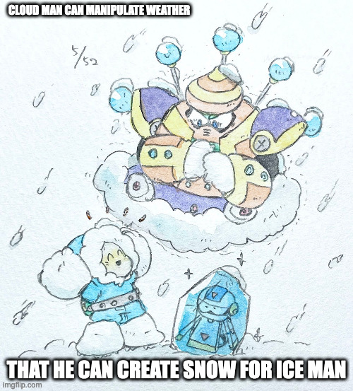 Ice Man and Cloud Man | CLOUD MAN CAN MANIPULATE WEATHER; THAT HE CAN CREATE SNOW FOR ICE MAN | image tagged in iceman,cloudman,megaman,memes | made w/ Imgflip meme maker