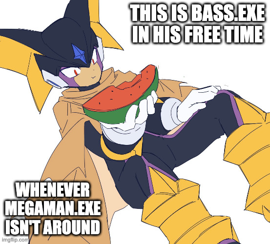 Bass.EXE Eating Watermelon | THIS IS BASS.EXE IN HIS FREE TIME; WHENEVER MEGAMAN.EXE ISN'T AROUND | image tagged in watermelon,bassexe,megaman,megaman battle network,memes | made w/ Imgflip meme maker