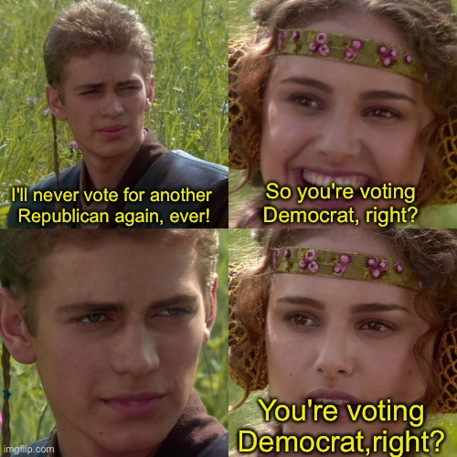 red flags | I'll never vote for another 
Republican again, ever! So you're voting Democrat, right? You're voting Democrat,right? | image tagged in anakin padme 4 panel | made w/ Imgflip meme maker