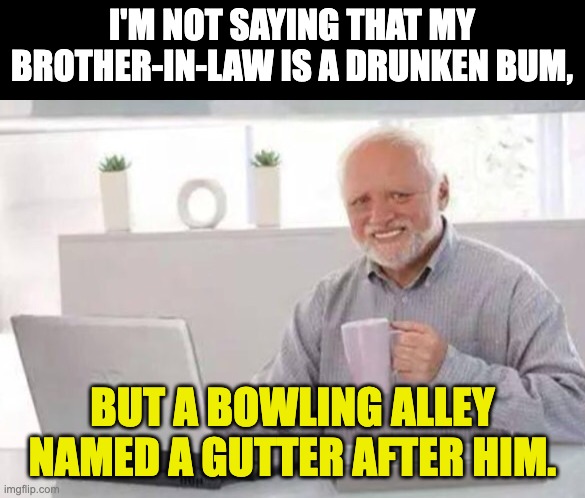 Drunk | I'M NOT SAYING THAT MY BROTHER-IN-LAW IS A DRUNKEN BUM, BUT A BOWLING ALLEY NAMED A GUTTER AFTER HIM. | image tagged in harold | made w/ Imgflip meme maker