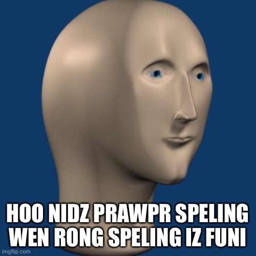 meme man | HOO NIDZ PRAWPR SPELING WEN RONG SPELING IZ FUNI | image tagged in meme man | made w/ Imgflip meme maker