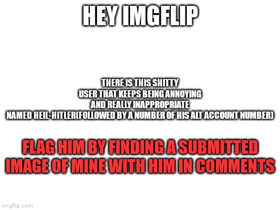 i'm serious, imgflip mods get him ip banned or som |  THERE IS THIS SHITTY USER THAT KEEPS BEING ANNOYING AND REALLY INAPPROPRIATE NAMED HEIL-HITLER(FOLLOWED BY A NUMBER OF HIS ALT ACCOUNT NUMBER); HEY IMGFLIP; FLAG HIM BY FINDING A SUBMITTED IMAGE OF MINE WITH HIM IN COMMENTS | image tagged in blank white template,help me,suffering,end my suffering | made w/ Imgflip meme maker