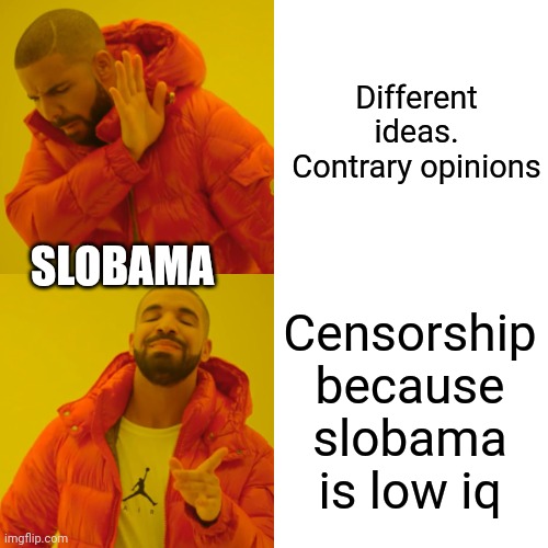 Drake Hotline Bling | Different ideas. Contrary opinions; SLOBAMA; Censorship because slobama is low iq | image tagged in memes,drake hotline bling | made w/ Imgflip meme maker