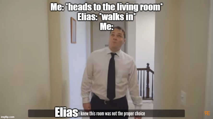 my brother elias, not the elias y'all know | Me: *heads to the living room*
Elias: *walks in*
Me:; Elias | image tagged in stanley knew this room was not the proper choice | made w/ Imgflip meme maker