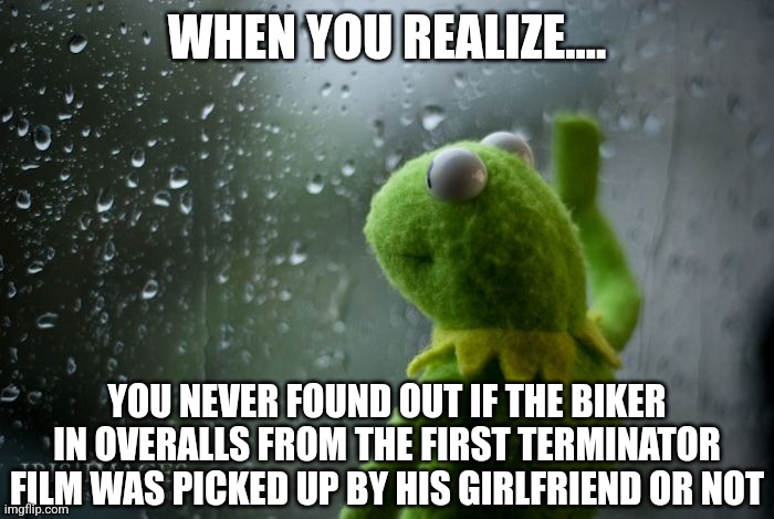 Whatever happened to the biker who yelled at the T800 for having an attitude problem in the Terminator? | WHEN YOU REALIZE.... YOU NEVER FOUND OUT IF THE BIKER IN OVERALLS FROM THE FIRST TERMINATOR FILM WAS PICKED UP BY HIS GIRLFRIEND OR NOT | image tagged in kermit window,movies,terminator,what if,thoughts | made w/ Imgflip meme maker