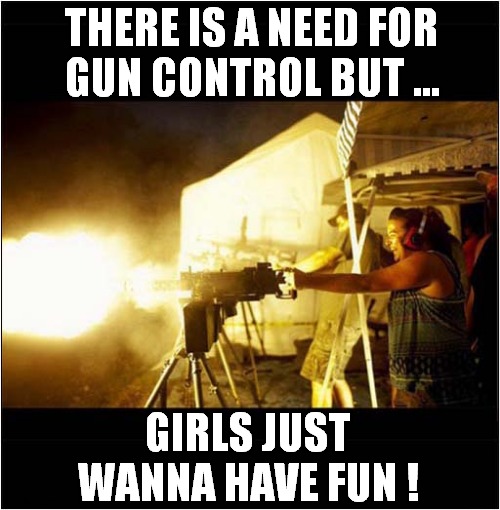 2nd Amendments Rights Vs Fun ! |  THERE IS A NEED FOR
GUN CONTROL BUT ... GIRLS JUST WANNA HAVE FUN ! | image tagged in fun,2nd amendment,machine gun,song lyrics | made w/ Imgflip meme maker