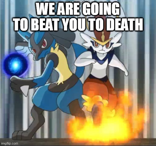 cinderace and lucario beat you to death | WE ARE GOING TO BEAT YOU TO DEATH | image tagged in cindeace,lucario | made w/ Imgflip meme maker