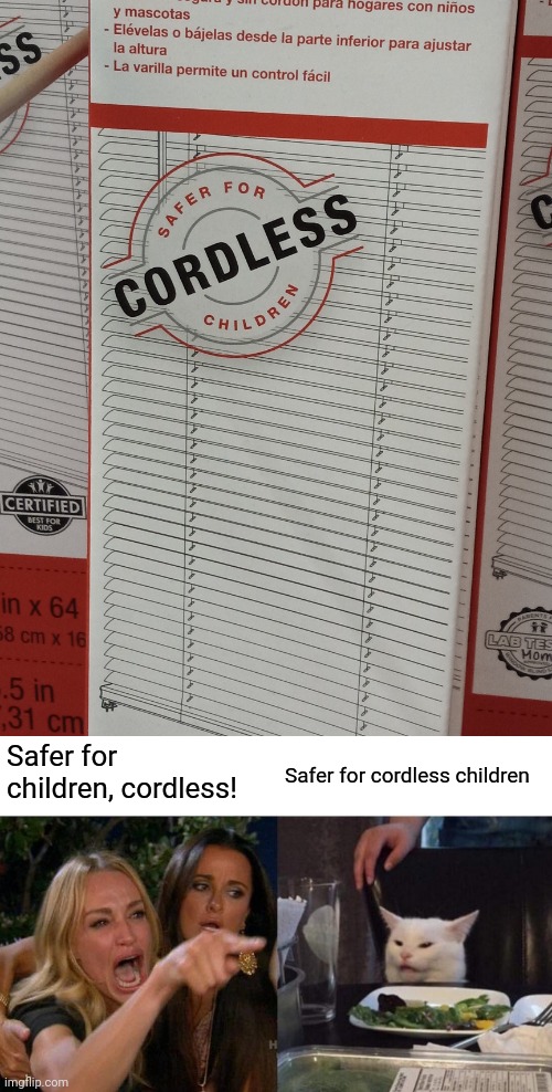Safer for children, cordless! Safer for cordless children | image tagged in memes,woman yelling at cat | made w/ Imgflip meme maker