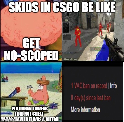 CSGO | SKIDS IN CSGO BE LIKE; GET NO-SCOPED; PLS UNBAN I SWEAR I DID NOT CHEAT 
VAC IS FLAWED IT WAS A GLITCH | image tagged in patrick big brain | made w/ Imgflip meme maker