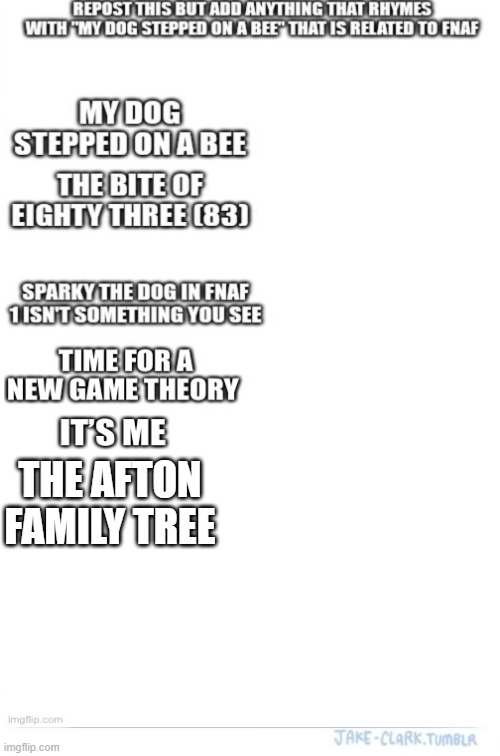 repost and add. | THE AFTON FAMILY TREE | image tagged in fnaf,handless_withered_chicachicken,rhymes,amber heard,amber turd,cheese because yes | made w/ Imgflip meme maker